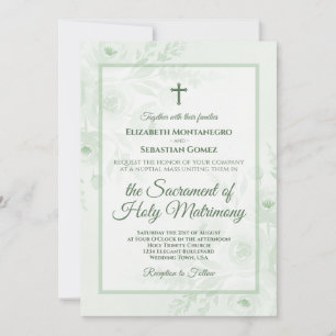 Convites Peônias em Aquarela Verde Salvia Casamento Católic