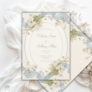 Convites Peônias Florais Azuis Casamento Romântico Elegante