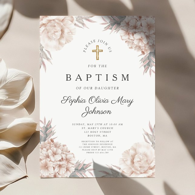 Convites Peônias Florais Cruz Dourada Menina Batismo Religi (Floral Peonies Gold Cross Girl Religious Baptism Invitation)