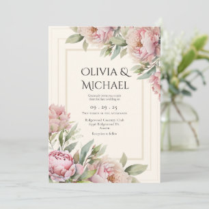 Convites Peônias Florais Elegantes Casamento Rosa Bege