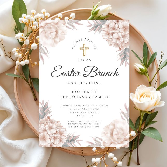 Convites Peônias Florais Modernas Brunch Religioso de Pásco (Modern Floral Peonies Religious Easter Brunch Invitation)
