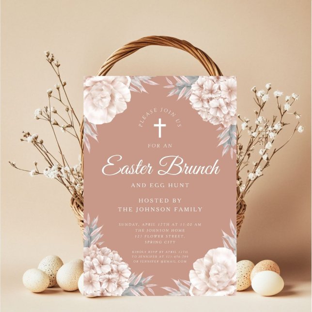 Convites Peonias Florais Páscoa Cruzada Religiosa Brunch (Floral Peonies Religious Cross Easter Brunch Invitation)