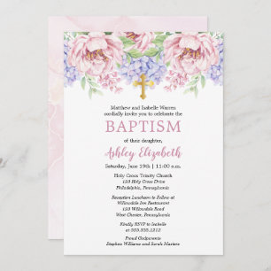 Convites Peônias Hydrangeas Watercolor Baptism Floral