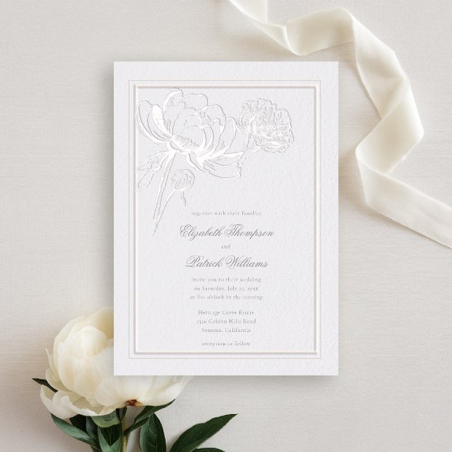 Convites Peônias Ivory Formal Elegante Moderno Casamento (peony wedding invitation formal traditional modern classic typography calligraphy double frame ivory)
