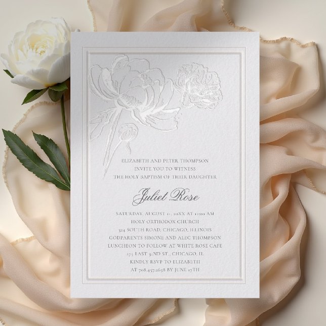 Convites Peônias Marfim Formal Elegante Quadro Moderno Bati (baptism invitation party formal elegant double frame peony floral sketch ivory white template)