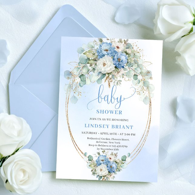 Convites Peônias Modernas em Azul Claro com Eucalipto para  (Modern Light Blue Peonies Eucalyptus Baby Shower Invite)