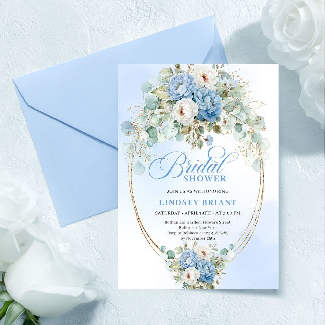 Convites Peônias Modernas em Azul Claro com Verdura para Ch (Modern Light Blue Peonies Greenery Bridal Shower Invite)
