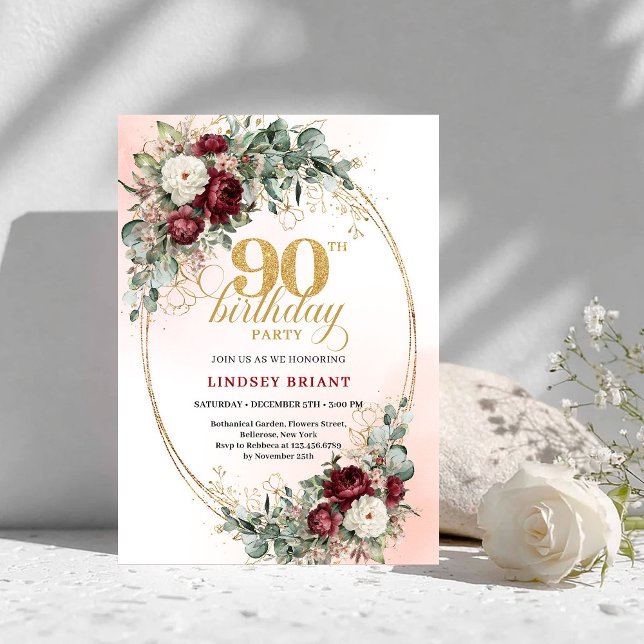 Convites Peônias Refined Marsala com Verdura para 90º Anive (Refined Marsala Peonies Greenery 90th Birthday)