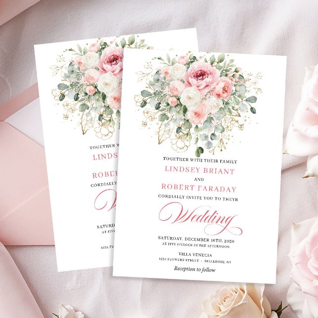 Convites Peônias Românticas com Verde e Dourado Casamento  (Romantic Blush Peonies Greenery Gold Wedding Invite)