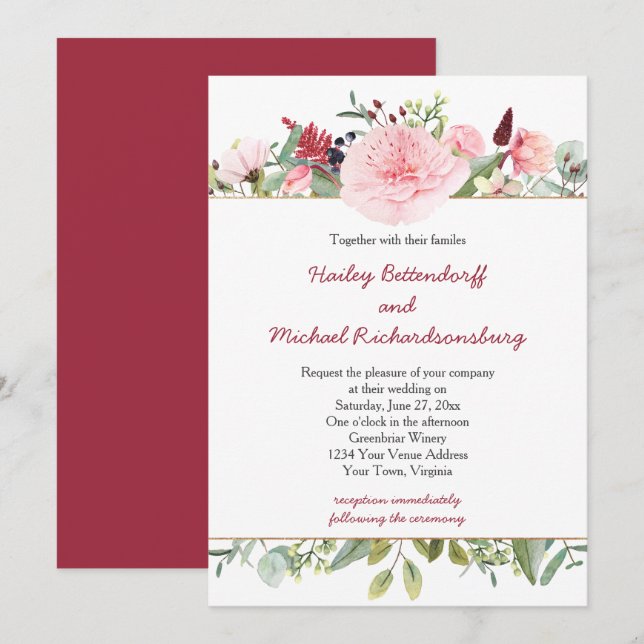 Convites Peônias Românticas e Casamento Floral de Eucalipto (Frente/Verso)