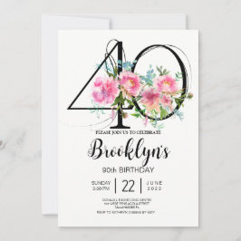 Convites Peônias Rosa Aniversário de 40 anos