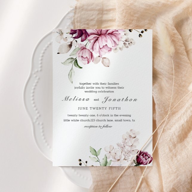 Convites Peônias Rosa Borgonha Floral Casamento (Criador carregado)