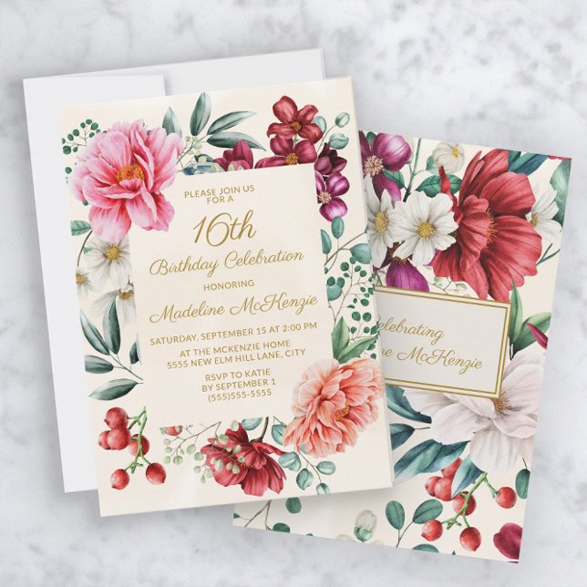 Convites Peônias Rosa Burgundy Folhas Florais Aniversário d (Criador carregado)
