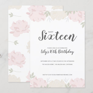 Convites Pêonias Rosa e Creme Doce 16 Festa de aniversári