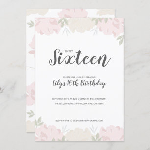 Convites Pêonias Rosa e Creme Doce 16 Festa de aniversário