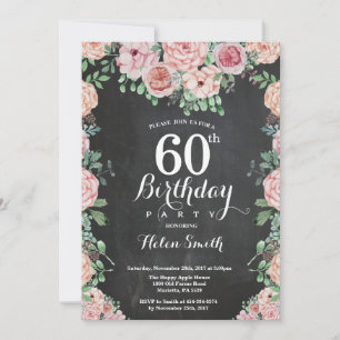 Convites Peônias Rosa Floral Aniversário de 60 anos Quadro 