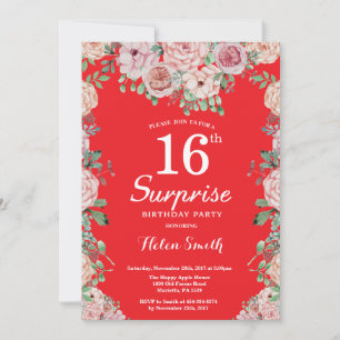 Convites Peônias Rosa Floral Aniversário Surpresa Vermelho 