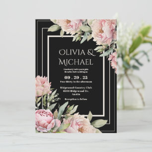 Convites Peônias Rosa Floral Preto Casamento Elegante
