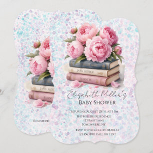 Convites Peônias Rosa & Livros Chás de Bebê Menina