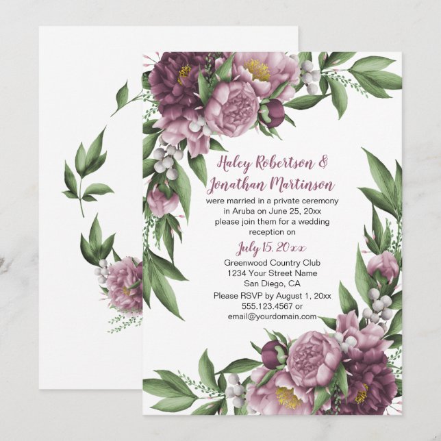 Convites Peônias Rosa Malva com Folhagem Recepção Apenas (Frente/Verso)