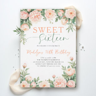 Convites Peônias Rosa Pêssego Floral Elegante Script Doce 1