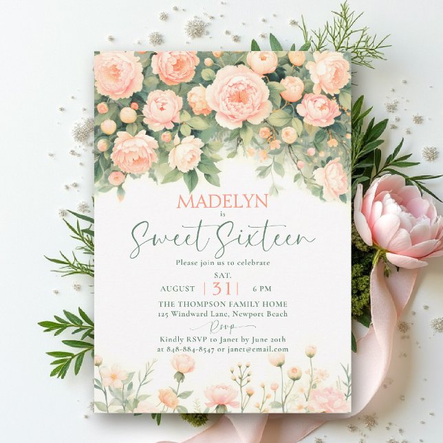 Convites Peônias Rosa Pêssego Script Floral Elegante Doce 1 (sweet sixteen birthday invitation peony floral peach pink green script elegant classy chic)