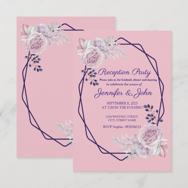 Convites Peônias Rosa Quadro Geométrico Roxo Recepção (Frente/Verso)