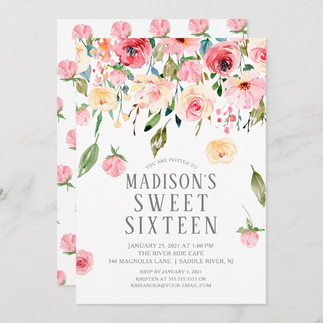 Convites Pêonias Rosa Queda Floral Doce Festa Sessenta (Frente/Verso)