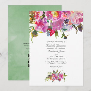 Convites Peônias Rosa Vintage Código QR RSVP Casamento
