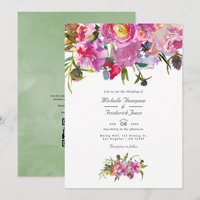 Convites Peônias Rosa Vintage Código QR RSVP Casamento (Frente/Verso)