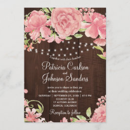 Convites Pêonias rosas e rosas, roxas e luzes na madeira do