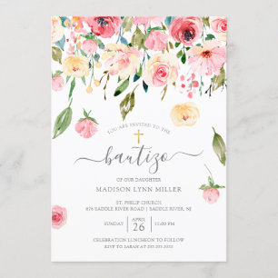 Convites Peonies Floral Espanhol Baptismo