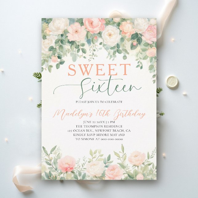 Convites Peonies Floral Peach Pink Script Elegant Sweet 16 (sweet sixteen birthday party invitation peony floral peach pink green script elegant classy)