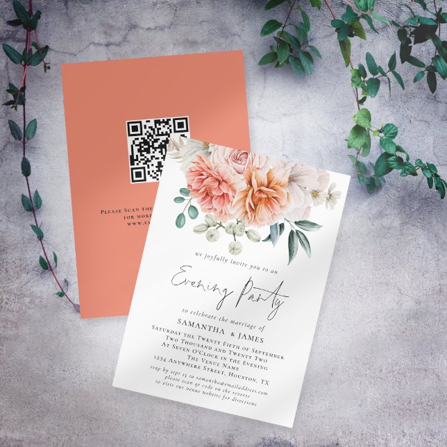 Convites Peonies Peach Coral Código Qr Partido de Casamento (Front and back view)