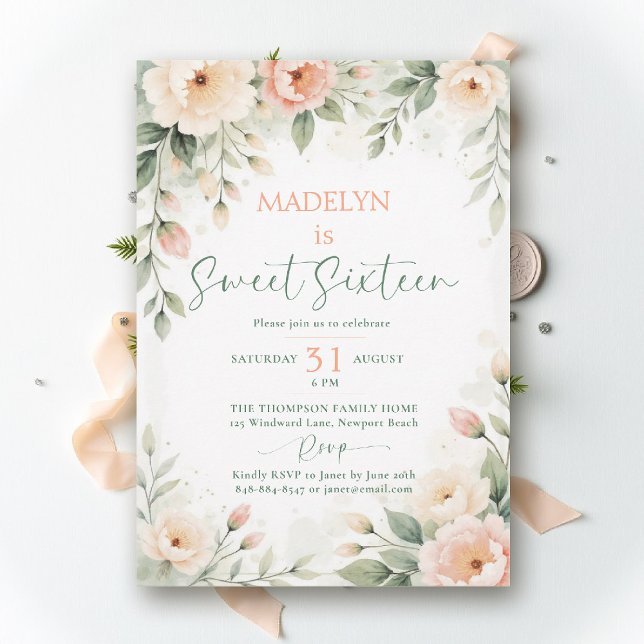 Convites Peonies Peach Pink Elegant Script Floral Sweet 16 (sweet sixteen birthday invitation peony floral peach pink green script elegant classy chic )