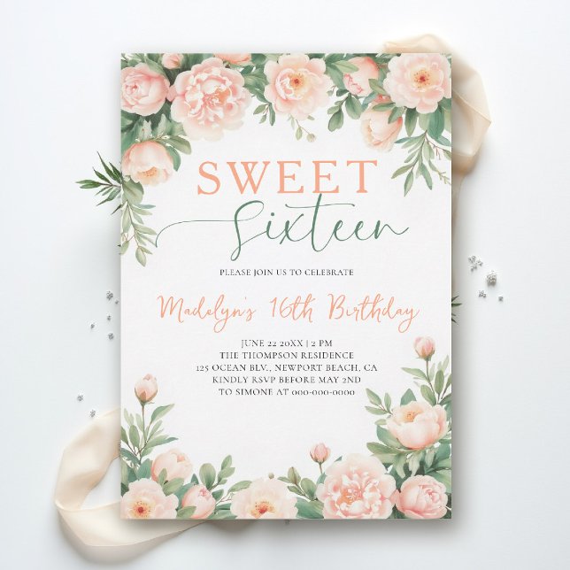 Convites Peonies Peach Pink Floral Elegant Script Sweet 16 (sweet sixteen birthday invitation peony floral peach pink green script elegant classy watercolor)