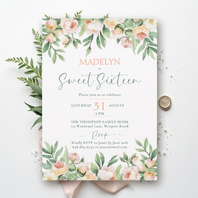 Convites Peonies Peach Pink Script Elegant Floral Sweet 16 (sweet sixteen birthday invitation peony floral peach pink green script elegant classy formal)