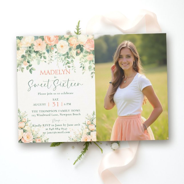 Convites Peonies Pink Peach Elegant Script Photo Sweet 16 I (sweet sixteen birthday invitation peony floral peach pink green script elegant classy photo chic)