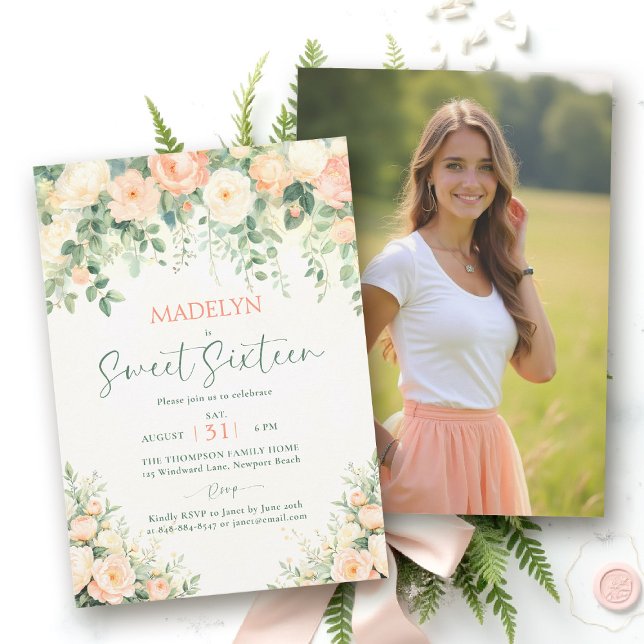 Convites Peonies Pink Peach Script Elegant Photo Sweet 16 (sweet sixteen birthday invitation peony floral peach pink green script elegant classy photo)