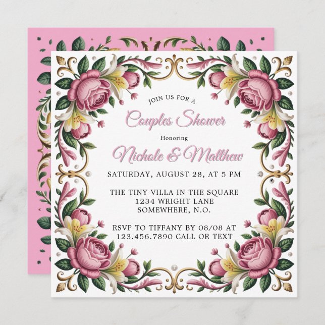 Convites Peonies Rosa Casais de quadros Rococo Chá (Frente/Verso)