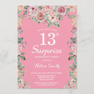 Convites Peonies Rosa Floral 13 Surpresa Aniversário