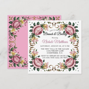 Convites Peonies rosa Rococo Frame Brunch e Bubble