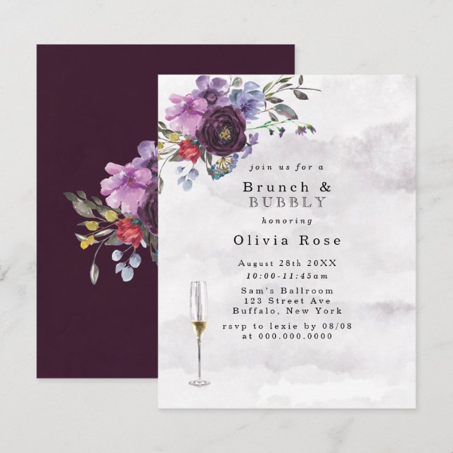 Convites Peony Botânica Violet Brunch e Bubble (Frente/Verso)