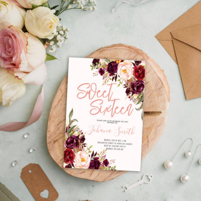 Convites Peony Burgundy Rosa Floral Sexto Aniversário (Criador carregado)