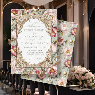 Convites Peony Elegant Floral Dourada w Pink e Sage Weds