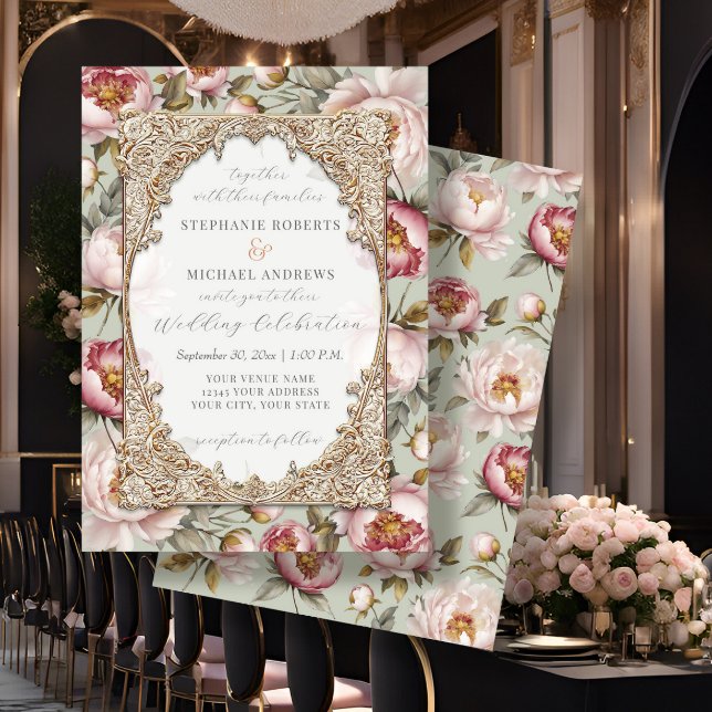 Convites Peony Elegant Floral Dourada w Pink e Sage Weds (Criador carregado)