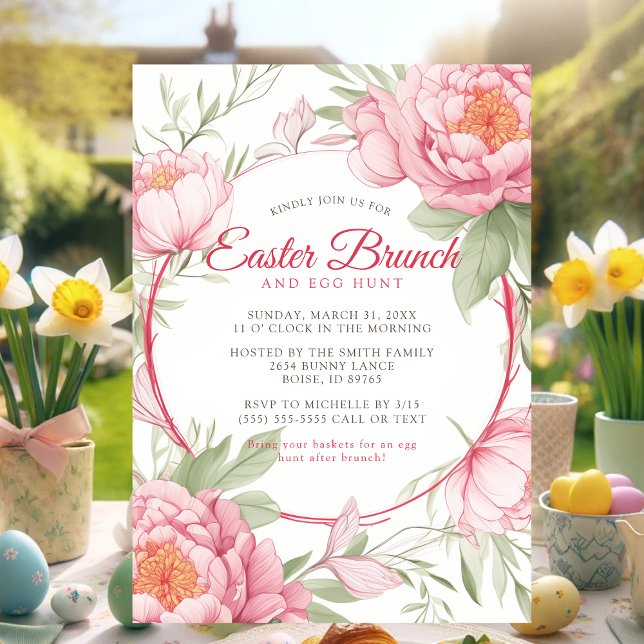 Convites Peony Floral Páscoa Rosa Chic Brunch e Caça de Ovo (Chic Pink Peony Floral Easter Brunch and Egg Hunt Invitation)