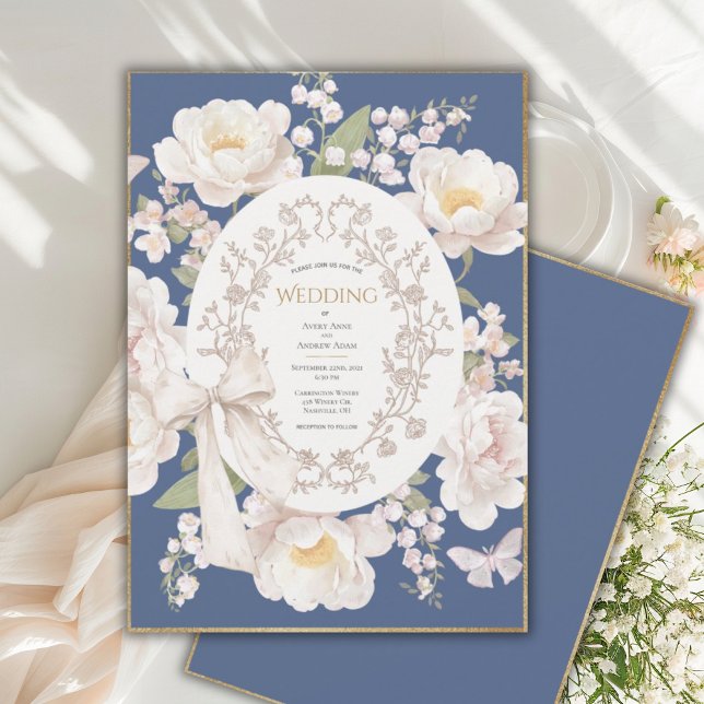 Convites Peony Floral Vintage Elegant Blue Wedding (Criador carregado)