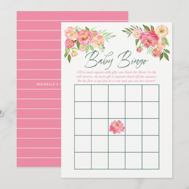 Convites Peony flores Primavera Chá de fraldas Baby Bingo (Frente/Verso)