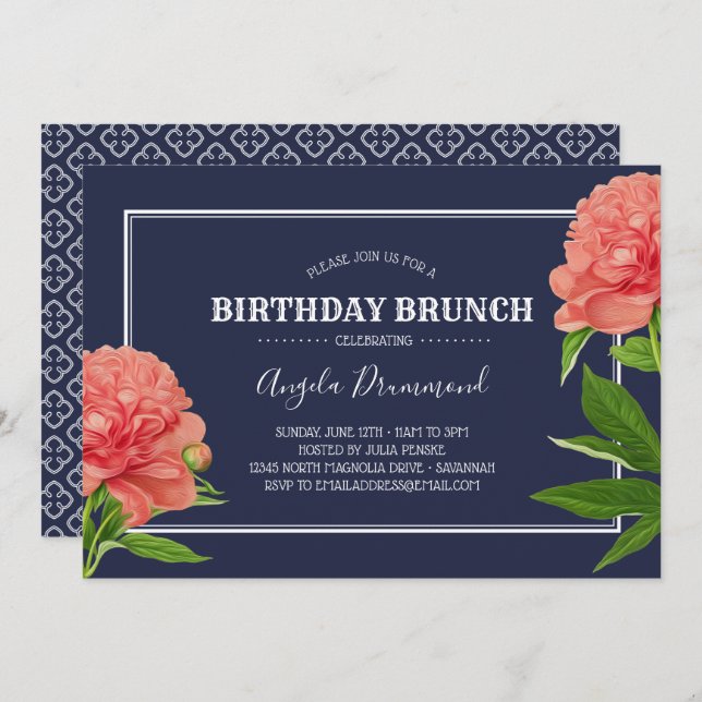 Convites Peony Flower Birthday Brunch Azul (Frente/Verso)